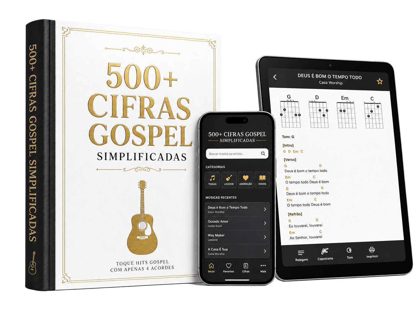 Mockup do livro digital 500+ Cifras Gospel Simplificadas no celular e no tablet